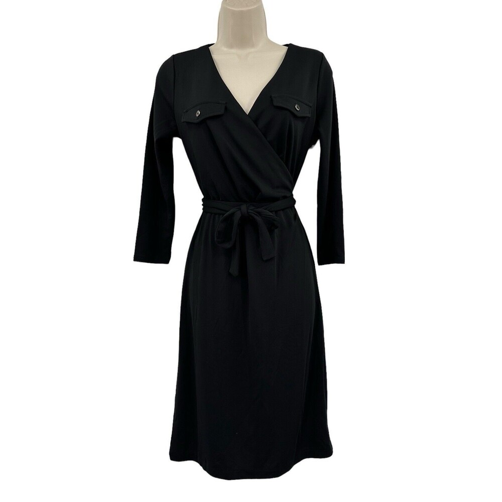 Talbots Dress XS Black Faux Wrap Career Sheath Knit Tie V-Neck Day to Night NEW